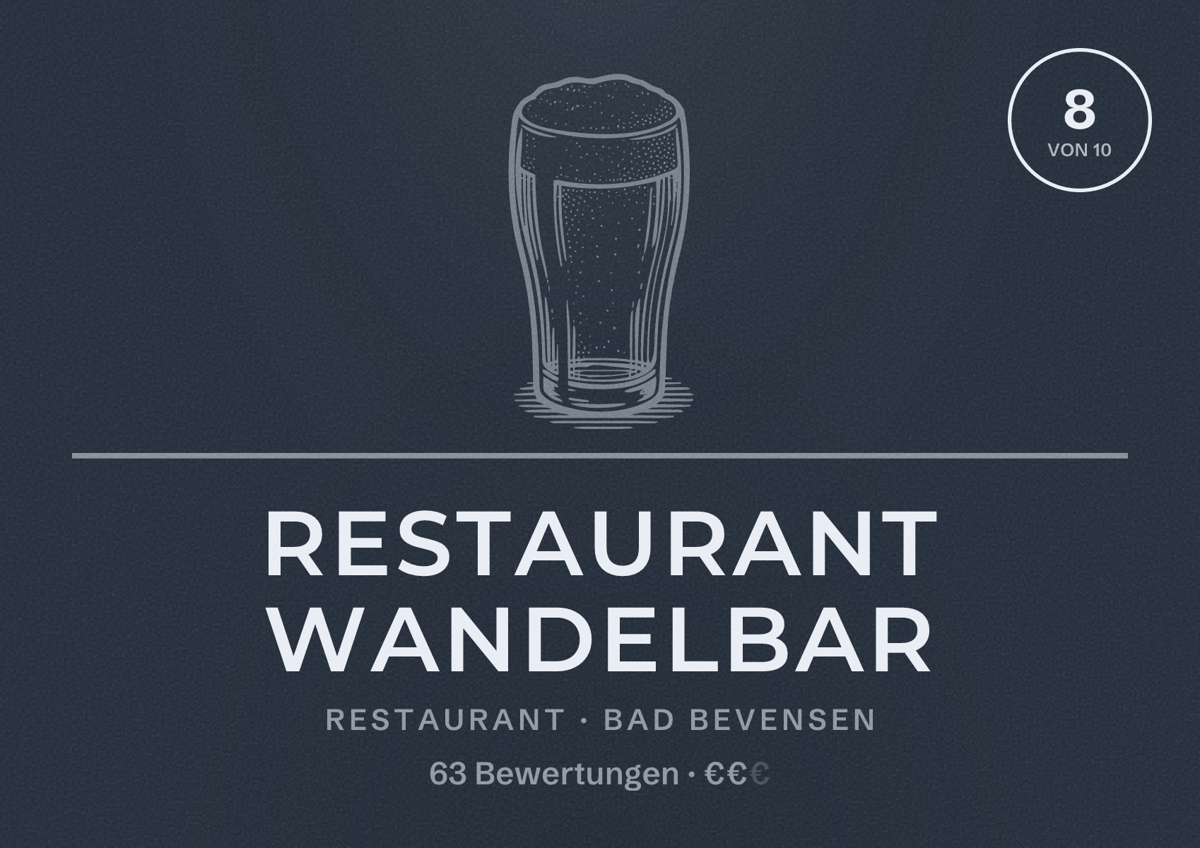 Illustriertes Poster von Restaurant Wandelbar, Restaurant in Bad Bevensen: Bewertung 8 von 10 aus 63 Bewertungen, Preisniveau €€