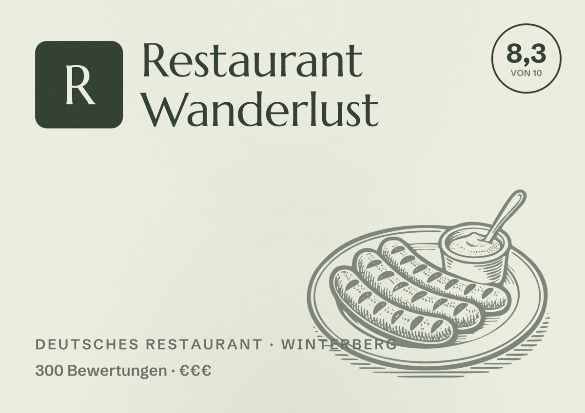Illustriertes Poster von Restaurant Wanderlust, Deutsches Restaurant in Winterberg: Bewertung 8,3 von 10 aus 300 Bewertungen, Preisniveau €€€