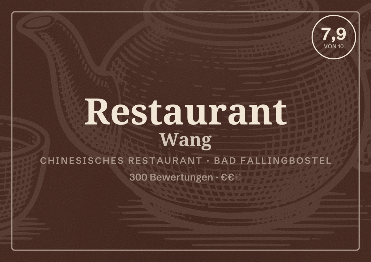 Illustriertes Poster von Restaurant Wang, Chinesisches Restaurant in Bad Fallingbostel: Bewertung 7,9 von 10 aus 300 Bewertungen, Preisniveau €€