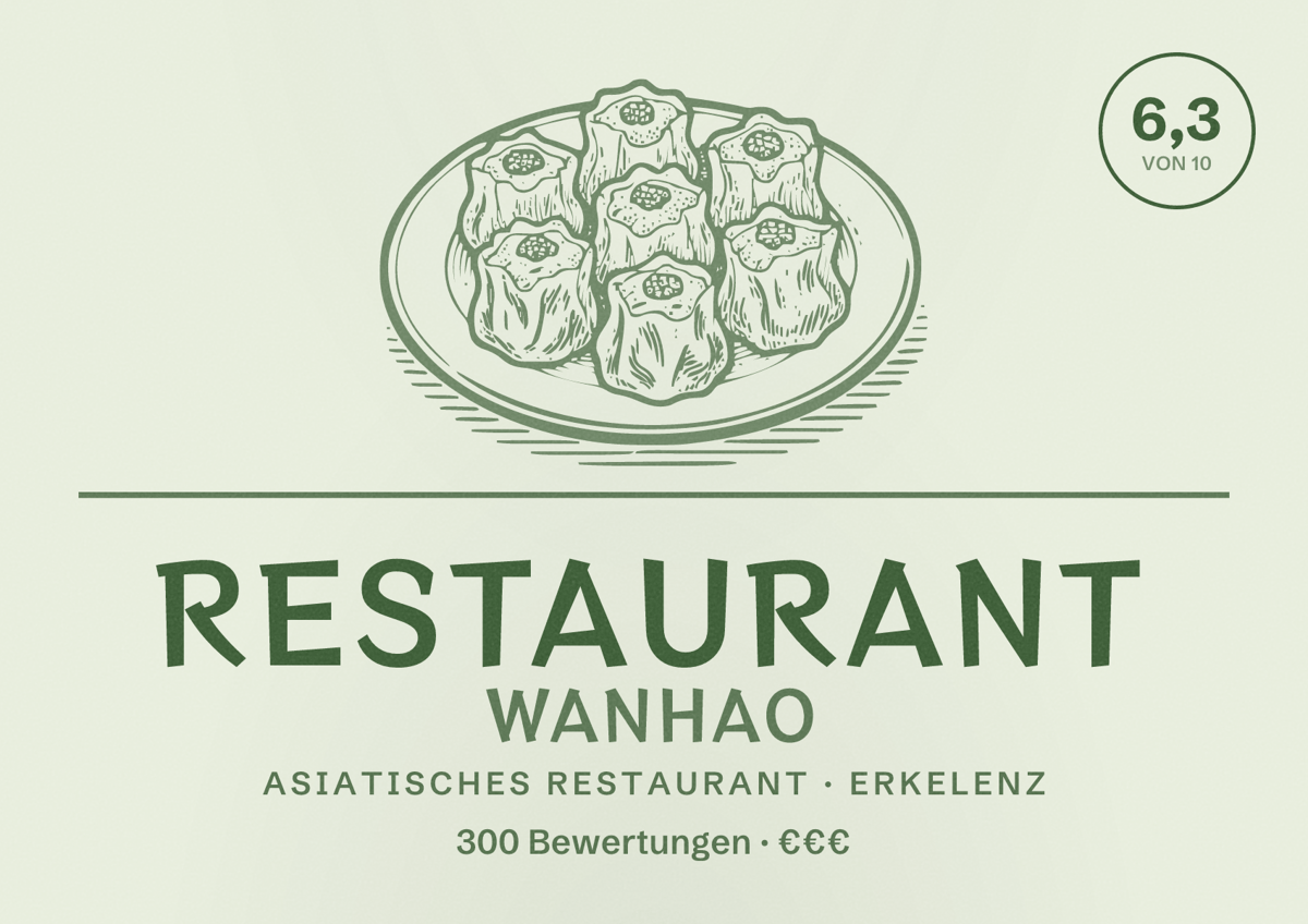 Illustriertes Poster von Restaurant WanHao, Asiatisches Restaurant in Erkelenz: Bewertung 6,3 von 10 aus 300 Bewertungen, Preisniveau €€€