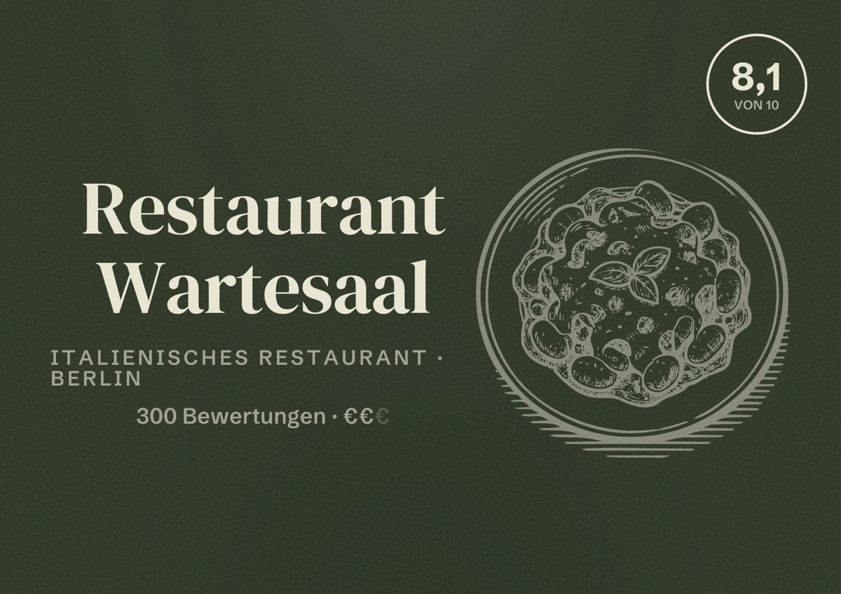 Illustriertes Poster von Restaurant Wartesaal, Italienisches Restaurant in Berlin: Bewertung 8,1 von 10 aus 300 Bewertungen, Preisniveau €€