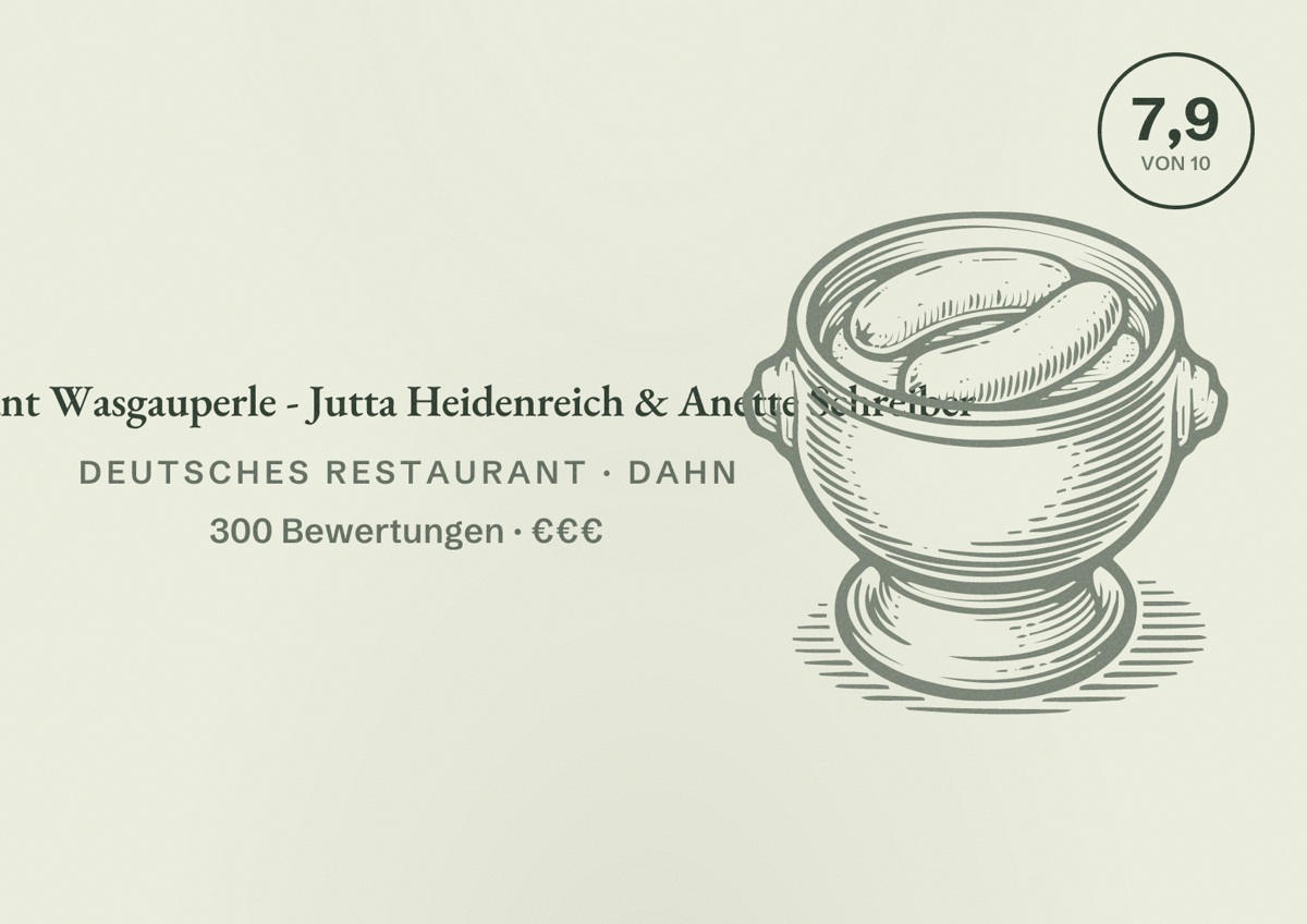 Illustriertes Poster von Restaurant Wasgauperle - Jutta Heidenreich & Anette Schreiber, Deutsches Restaurant in Dahn: Bewertung 7,9 von 10 aus 300 Bewertungen, Preisniveau €€€
