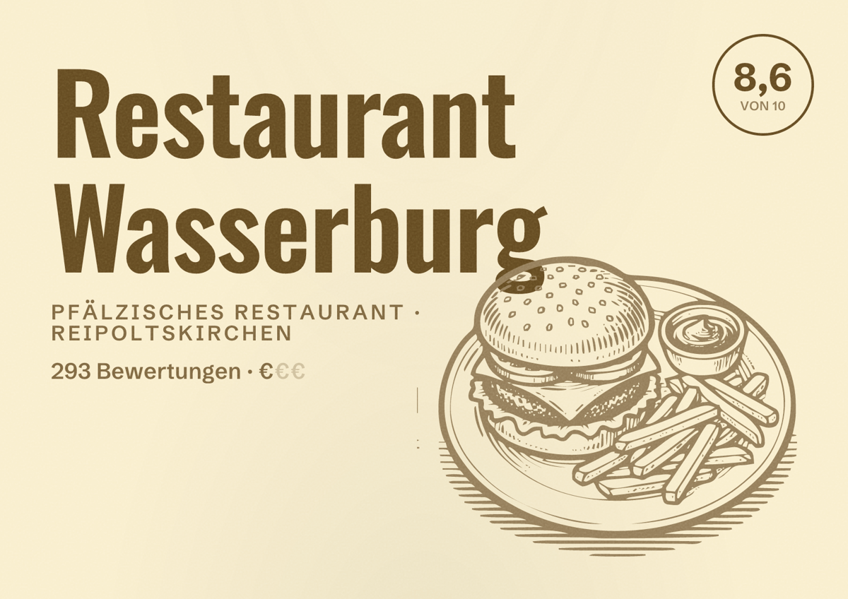 Illustriertes Poster von Restaurant Wasserburg, Pfälzisches Restaurant in Reipoltskirchen: Bewertung 8,6 von 10 aus 293 Bewertungen, Preisniveau €