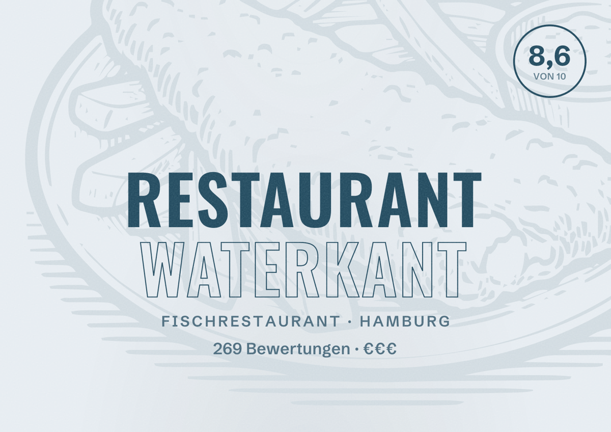 Illustriertes Poster von Restaurant waterkant, Fischrestaurant in Hamburg: Bewertung 8,6 von 10 aus 269 Bewertungen, Preisniveau €€€