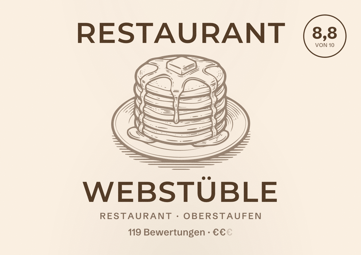 Illustriertes Poster von Restaurant Webstüble, Restaurant in Oberstaufen: Bewertung 8,8 von 10 aus 119 Bewertungen, Preisniveau €€