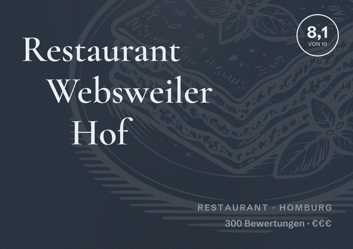 Illustriertes Poster von Restaurant Websweiler Hof, Restaurant in Homburg: Bewertung 8,1 von 10 aus 300 Bewertungen, Preisniveau €€€