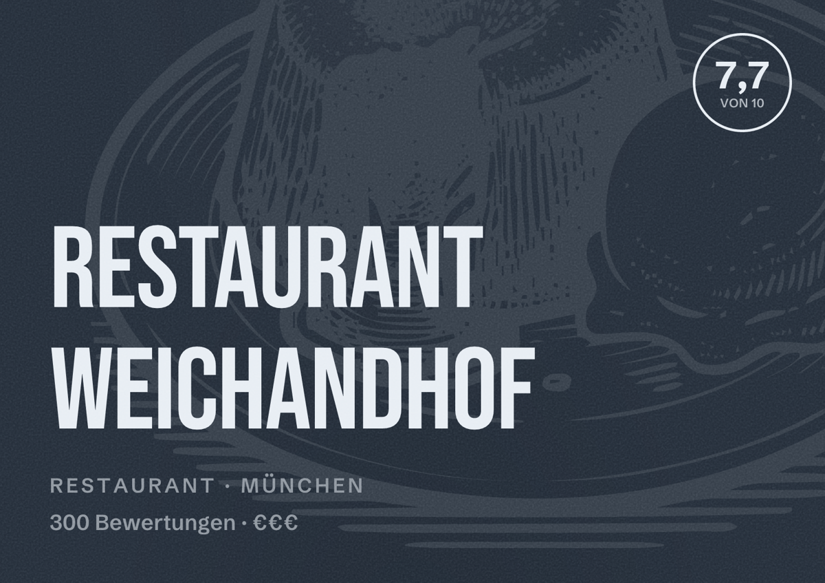 Illustriertes Poster von Restaurant Weichandhof, Restaurant in München: Bewertung 7,7 von 10 aus 300 Bewertungen, Preisniveau €€€