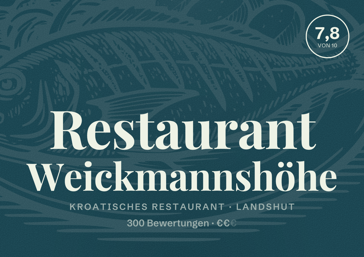 Illustriertes Poster von Restaurant Weickmannshöhe, Kroatisches Restaurant in Landshut: Bewertung 7,8 von 10 aus 300 Bewertungen, Preisniveau €€