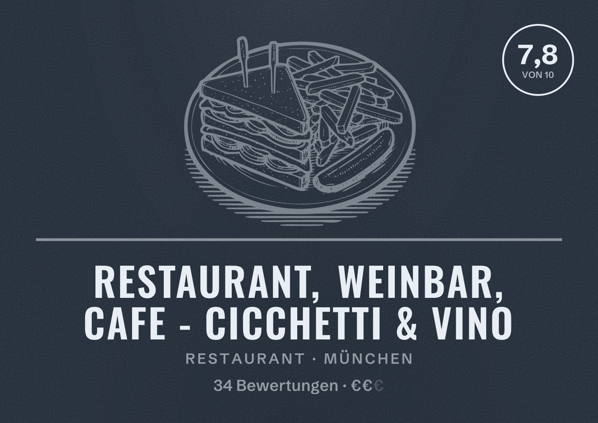 Illustriertes Poster von Restaurant, Weinbar, Cafe - Cicchetti & Vino, Restaurant in München: Bewertung 7,8 von 10 aus 34 Bewertungen, Preisniveau €€