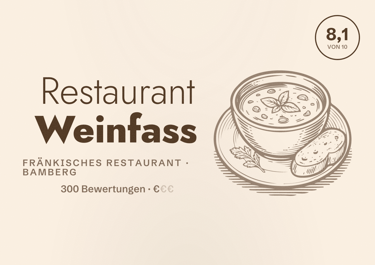 Illustriertes Poster von Restaurant Weinfass, Fränkisches Restaurant in Bamberg: Bewertung 8,1 von 10 aus 300 Bewertungen, Preisniveau €