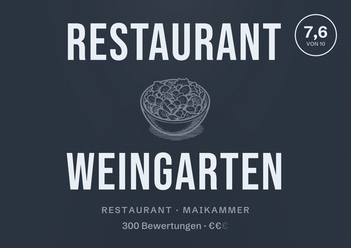 Illustriertes Poster von Restaurant Weingarten, Restaurant in Maikammer: Bewertung 7,6 von 10 aus 300 Bewertungen, Preisniveau €€