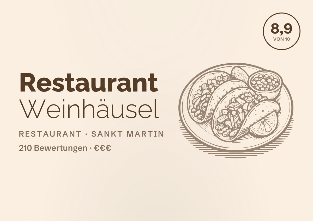 Illustriertes Poster von Restaurant Weinhäusel, Restaurant in Sankt Martin: Bewertung 8,9 von 10 aus 210 Bewertungen, Preisniveau €€€