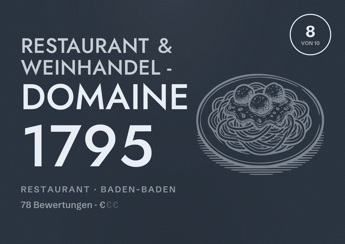 Illustriertes Poster von Restaurant & Weinhandel - Domaine 1795, Restaurant in Baden-Baden: Bewertung 8 von 10 aus 78 Bewertungen, Preisniveau €