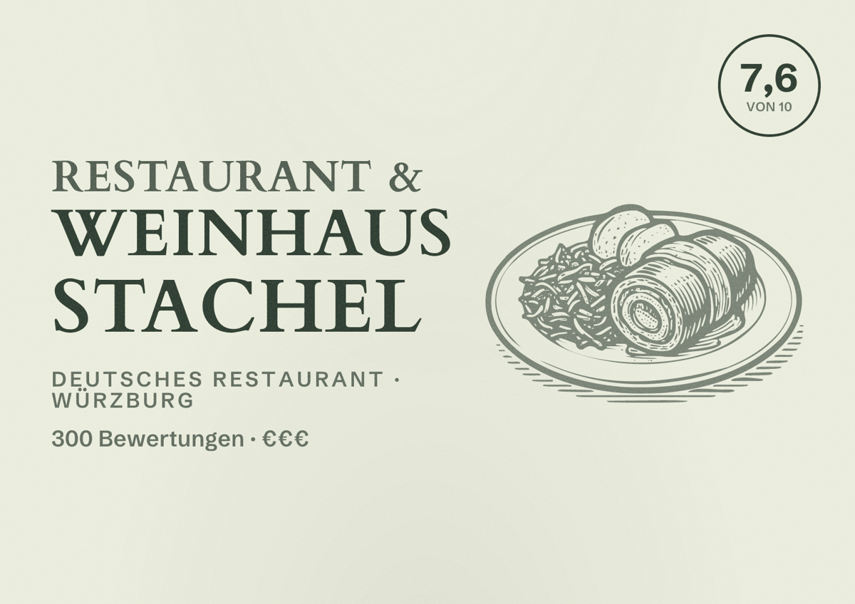 Illustriertes Poster von Restaurant & Weinhaus Stachel, Deutsches Restaurant in Würzburg: Bewertung 7,6 von 10 aus 300 Bewertungen, Preisniveau €€€