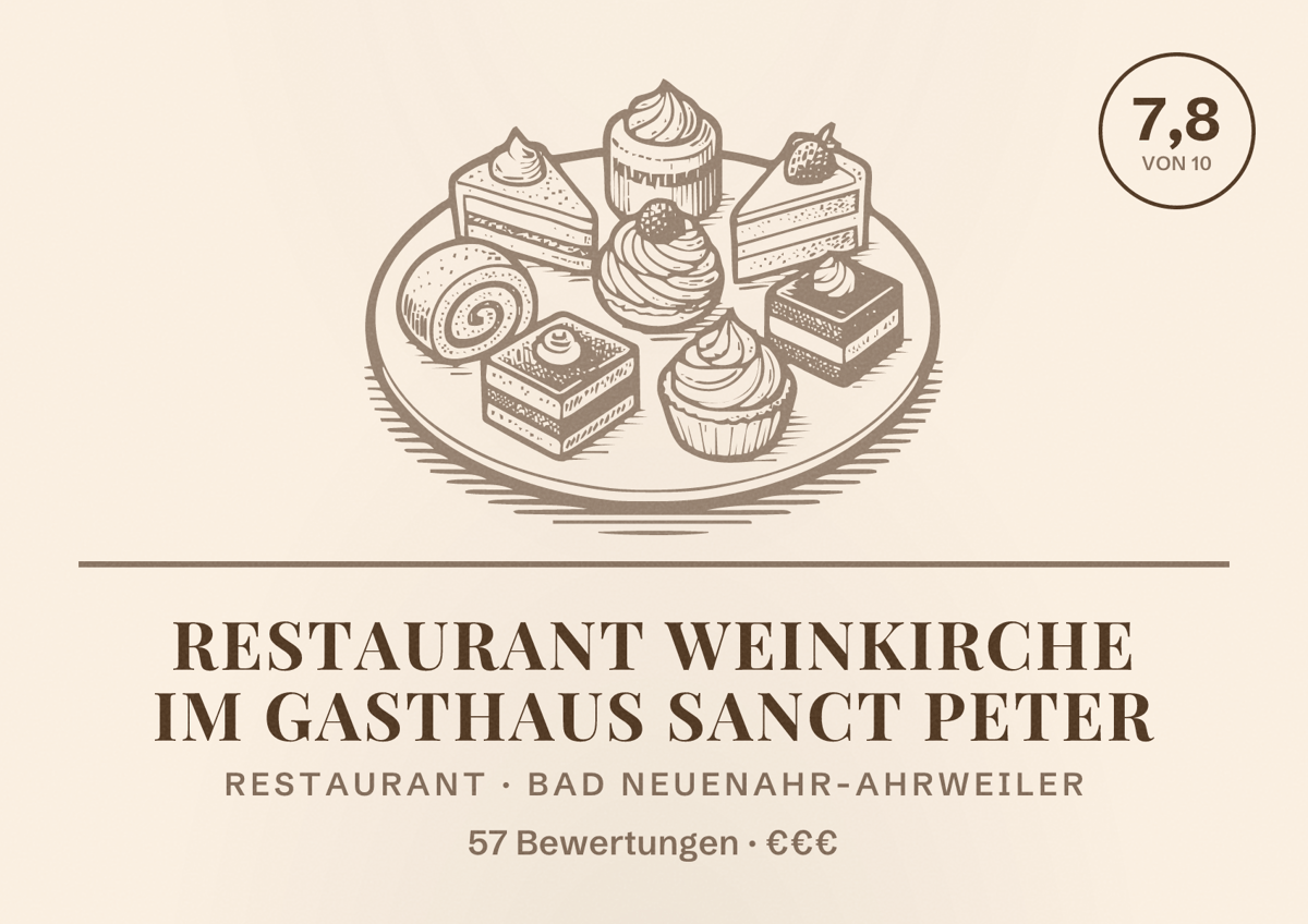 Illustriertes Poster von Restaurant Weinkirche im Gasthaus Sanct Peter, Restaurant in Bad Neuenahr-Ahrweiler: Bewertung 7,8 von 10 aus 57 Bewertungen, Preisniveau €€€