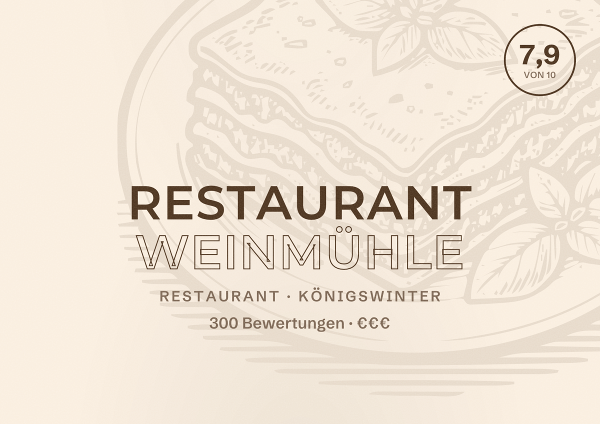 Illustriertes Poster von Restaurant Weinmühle, Restaurant in Königswinter: Bewertung 7,9 von 10 aus 300 Bewertungen, Preisniveau €€€