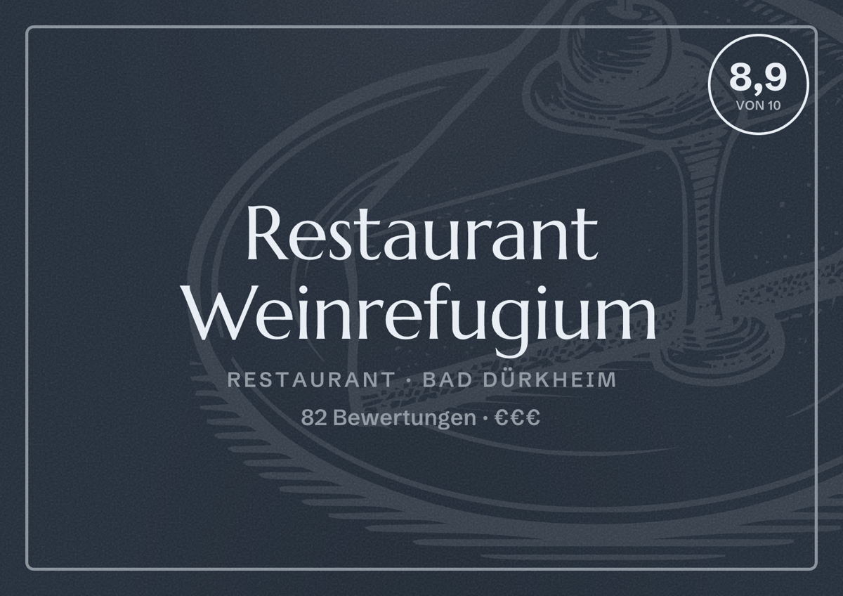 Illustriertes Poster von Restaurant Weinrefugium, Restaurant in Bad Dürkheim: Bewertung 8,9 von 10 aus 82 Bewertungen, Preisniveau €€€