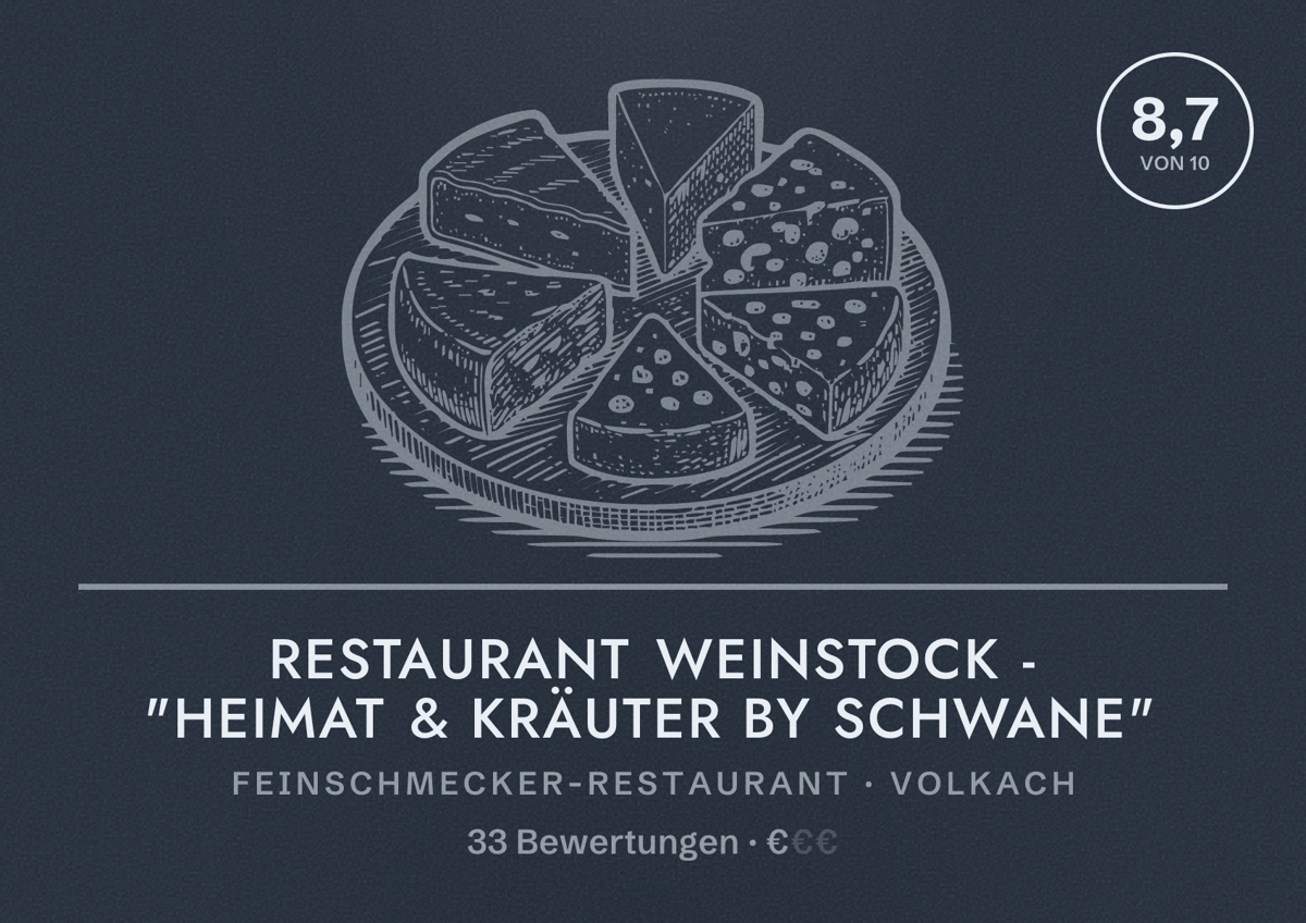 Illustriertes Poster von Restaurant Weinstock - "Heimat & Kräuter by Schwane", Feinschmecker-Restaurant in Volkach: Bewertung 8,7 von 10 aus 33 Bewertungen, Preisniveau €