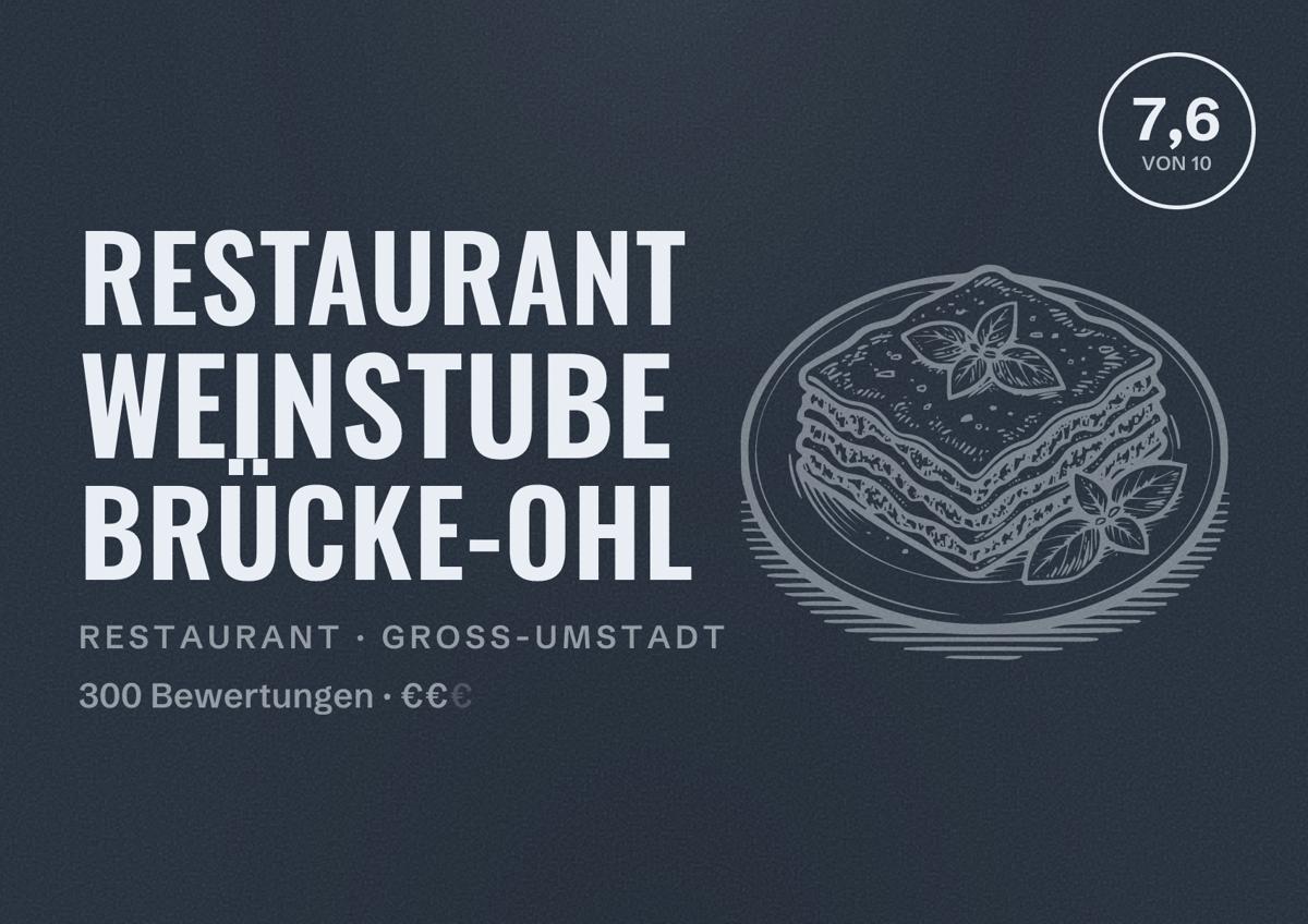 Illustriertes Poster von Restaurant Weinstube Brücke-Ohl, Restaurant in Groß-Umstadt: Bewertung 7,6 von 10 aus 300 Bewertungen, Preisniveau €€