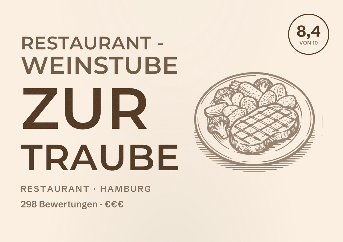 Illustriertes Poster von Restaurant - Weinstube Zur Traube, Restaurant in Hamburg: Bewertung 8,4 von 10 aus 298 Bewertungen, Preisniveau €€€