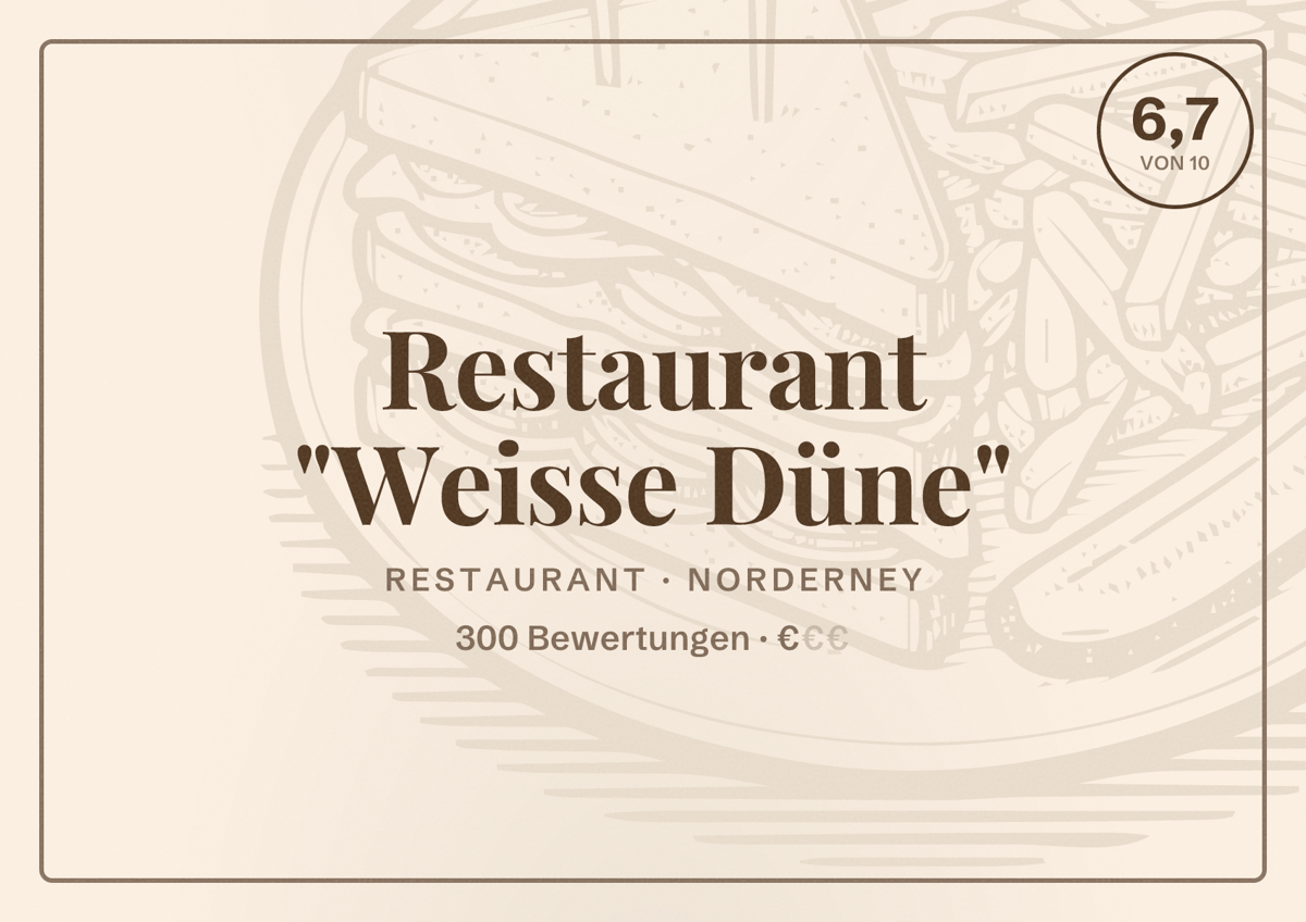 Illustriertes Poster von Restaurant "Weisse Düne", Restaurant in Norderney: Bewertung 6,7 von 10 aus 300 Bewertungen, Preisniveau €