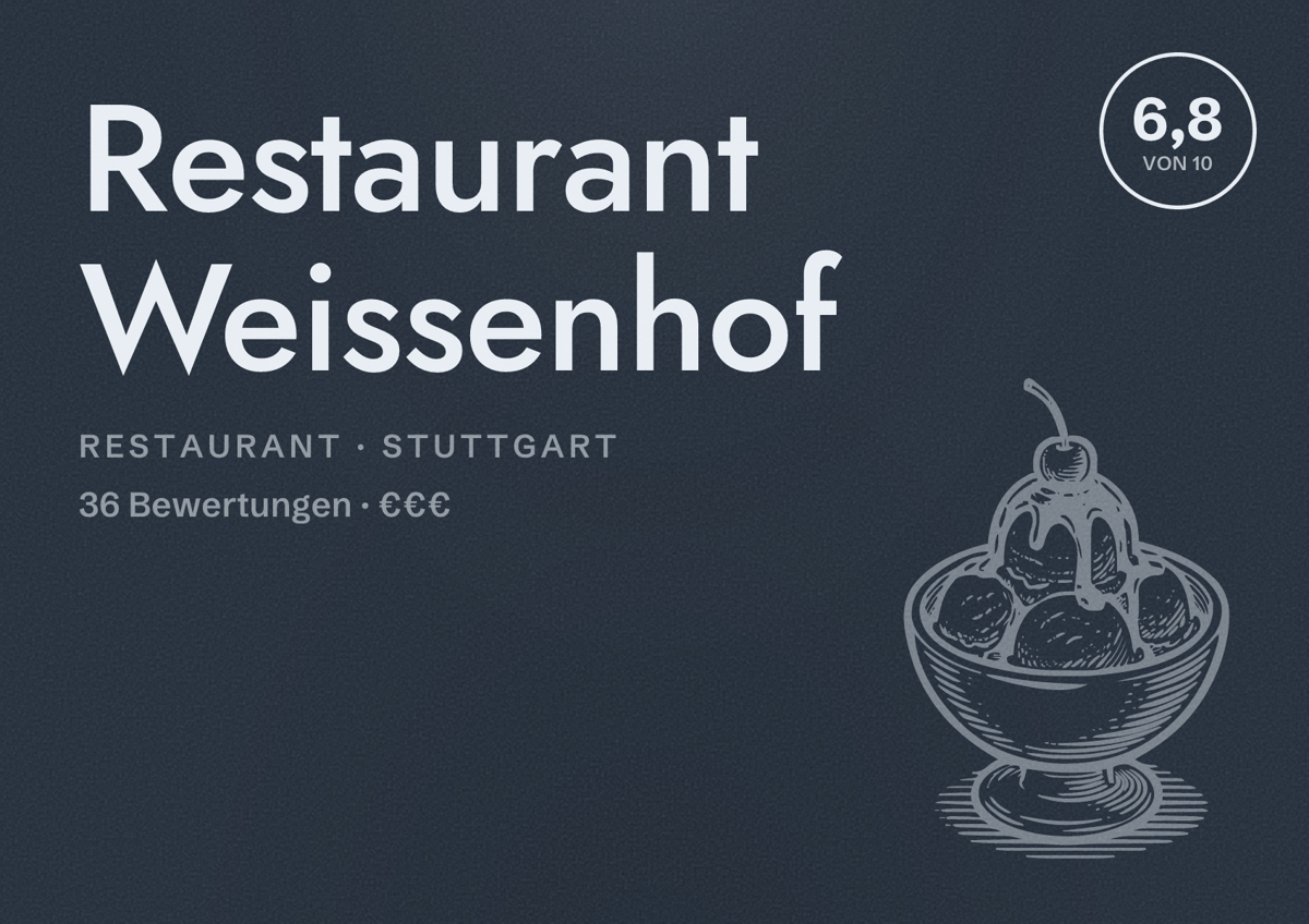 Illustriertes Poster von Restaurant Weissenhof, Restaurant in Stuttgart: Bewertung 6,8 von 10 aus 36 Bewertungen, Preisniveau €€€