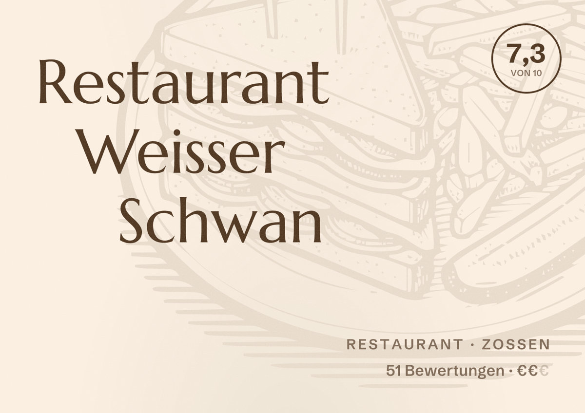 Illustriertes Poster von Restaurant Weisser Schwan, Restaurant in Zossen: Bewertung 7,3 von 10 aus 51 Bewertungen, Preisniveau €€