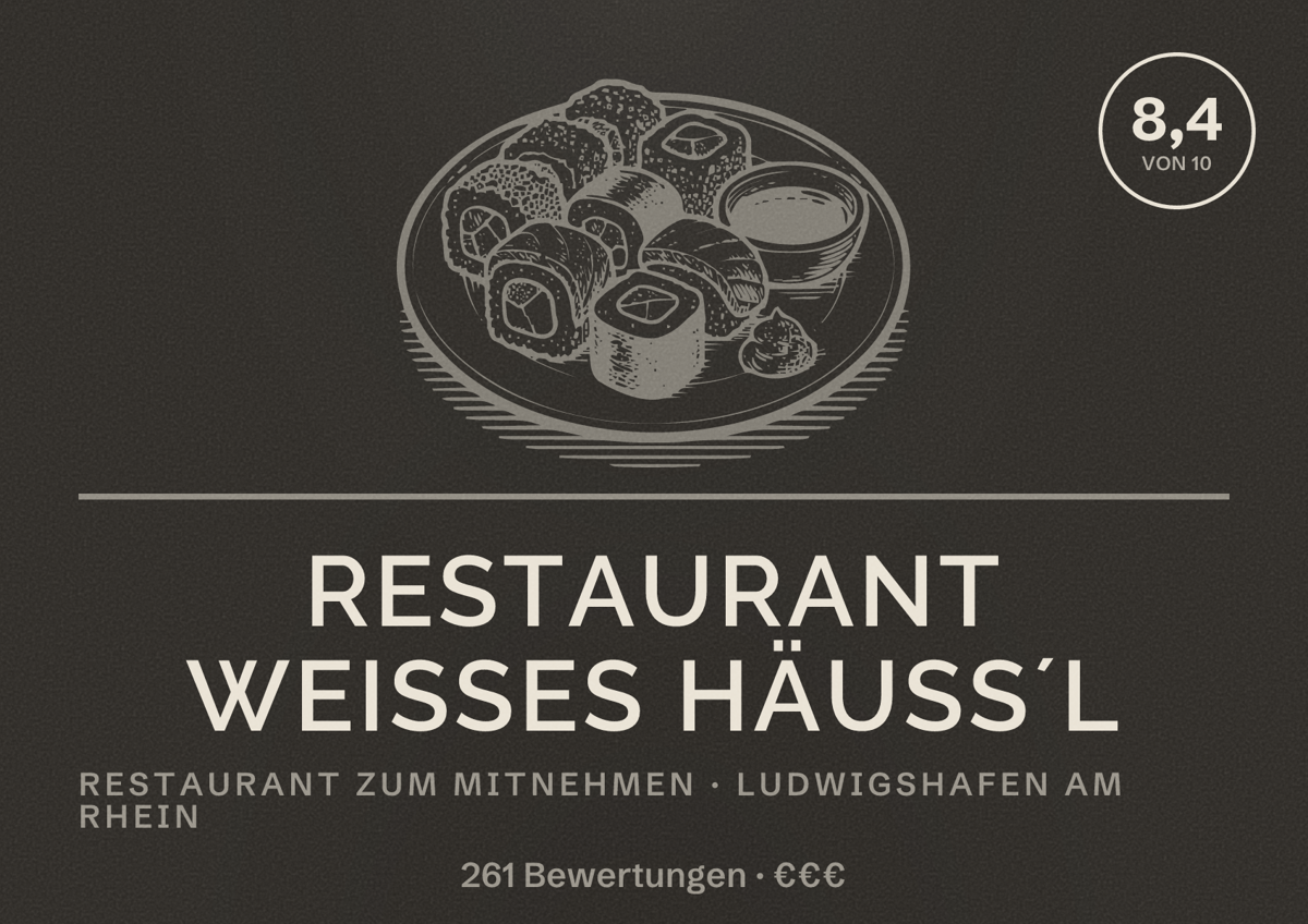 Illustriertes Poster von Restaurant Weißes Häuß´l, Restaurant zum Mitnehmen in Ludwigshafen am Rhein: Bewertung 8,4 von 10 aus 261 Bewertungen, Preisniveau €€€