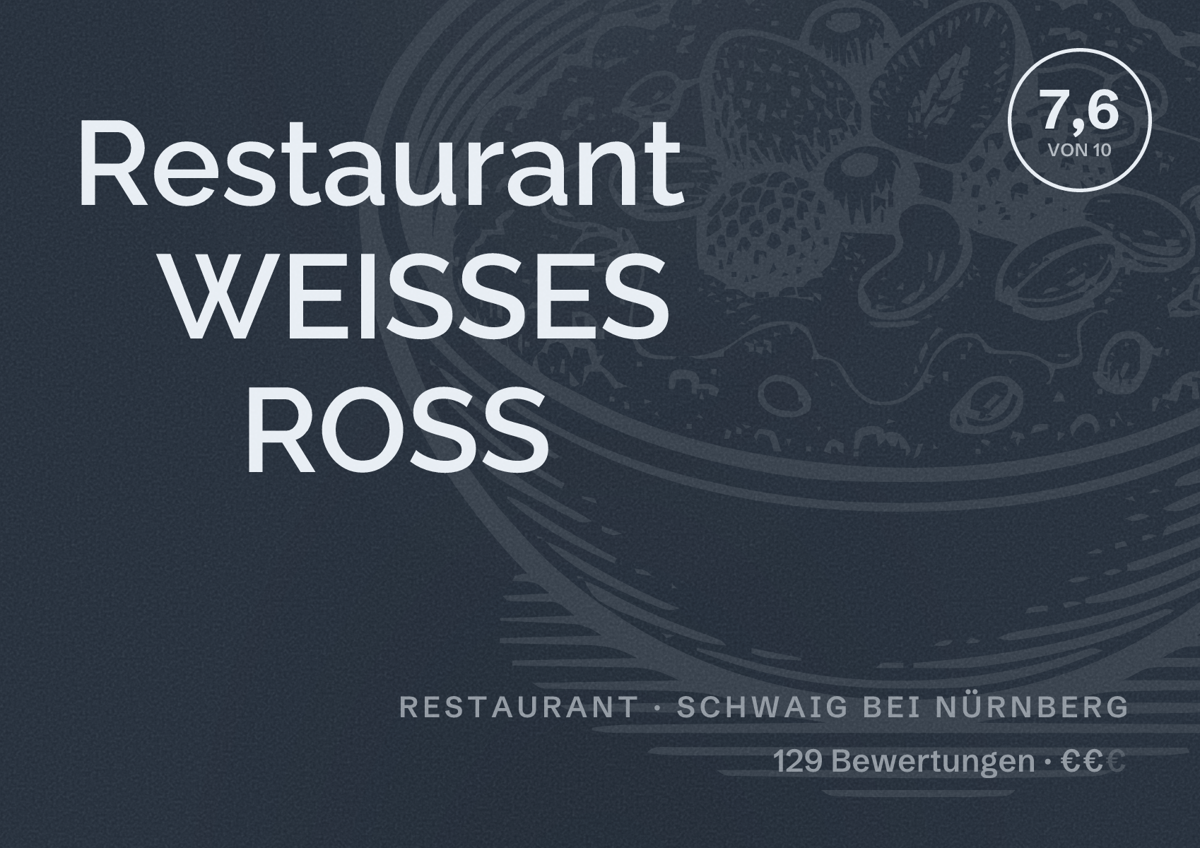 Illustriertes Poster von Restaurant WEISSES ROSS, Restaurant in Schwaig bei Nürnberg: Bewertung 7,6 von 10 aus 129 Bewertungen, Preisniveau €€