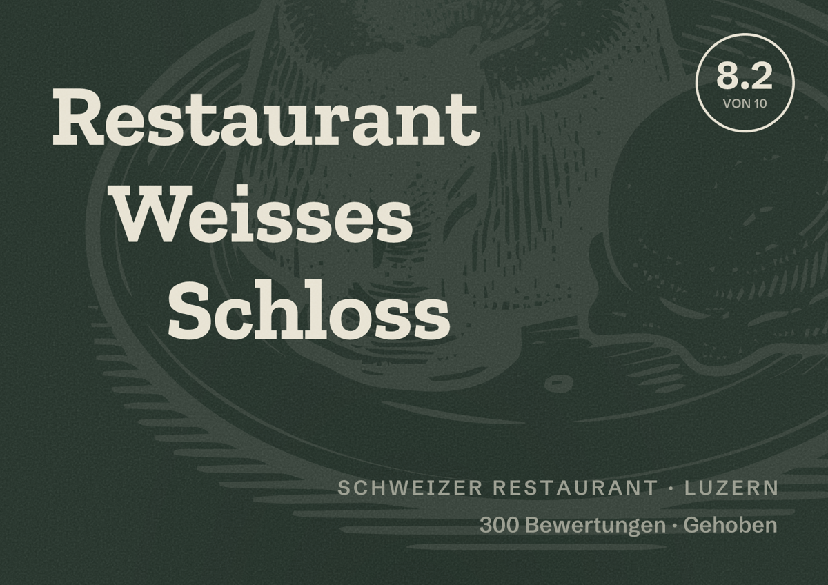 Illustriertes Poster von Restaurant Weisses Schloss, Schweizer Restaurant in Luzern: Bewertung 8.2 von 10 aus 300 Bewertungen, Preisniveau Gehoben
