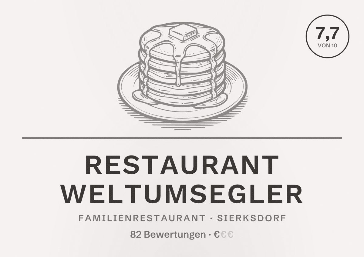 Illustriertes Poster von Restaurant Weltumsegler, Familienrestaurant in Sierksdorf: Bewertung 7,7 von 10 aus 82 Bewertungen, Preisniveau €