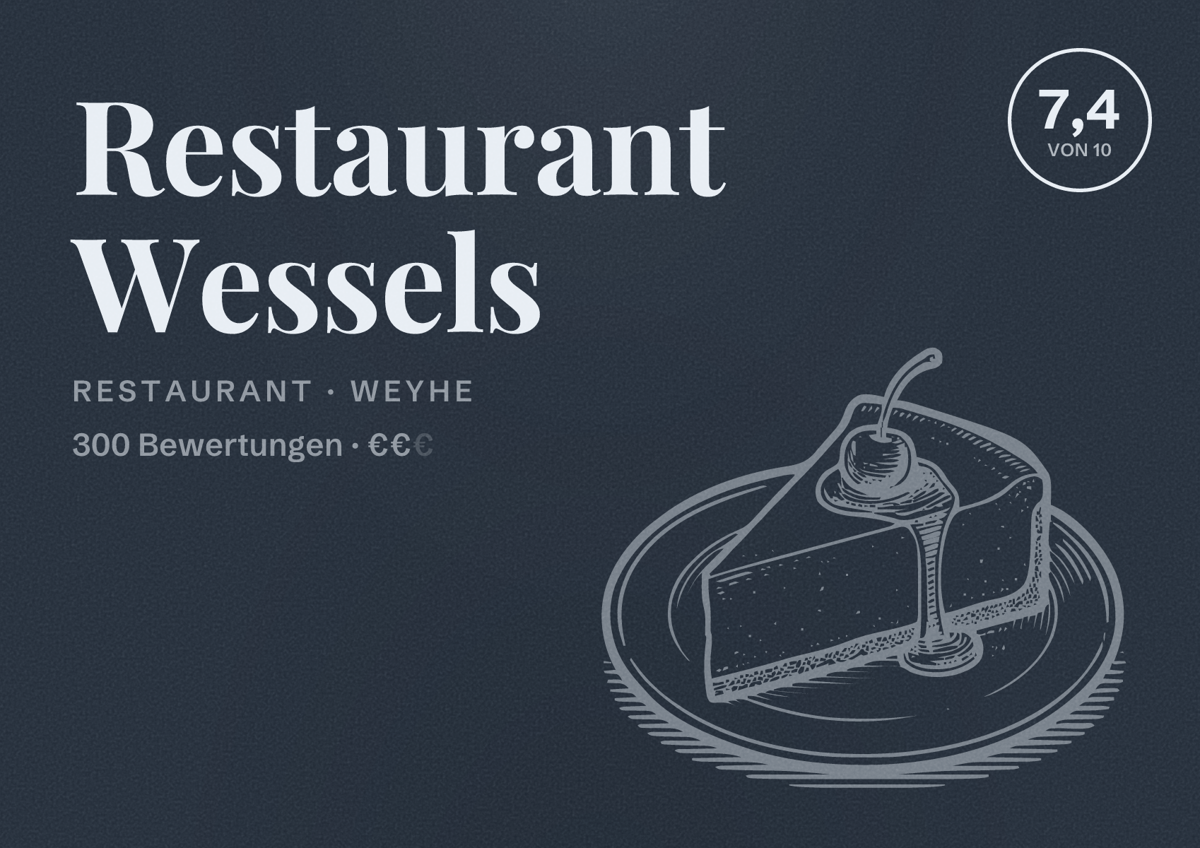 Illustriertes Poster von Restaurant Wessels, Restaurant in Weyhe: Bewertung 7,4 von 10 aus 300 Bewertungen, Preisniveau €€