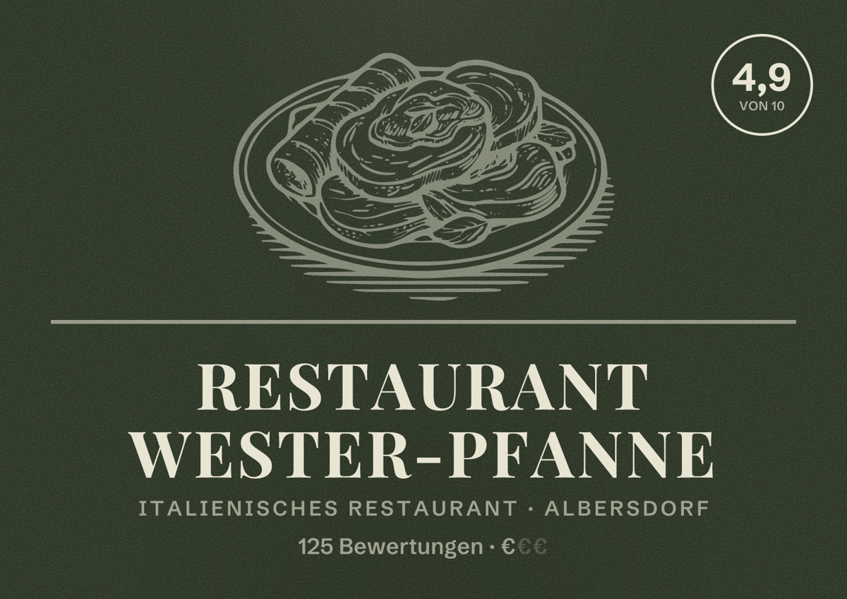 Illustriertes Poster von Restaurant Wester-Pfanne, Italienisches Restaurant in Albersdorf: Bewertung 4,9 von 10 aus 125 Bewertungen, Preisniveau €