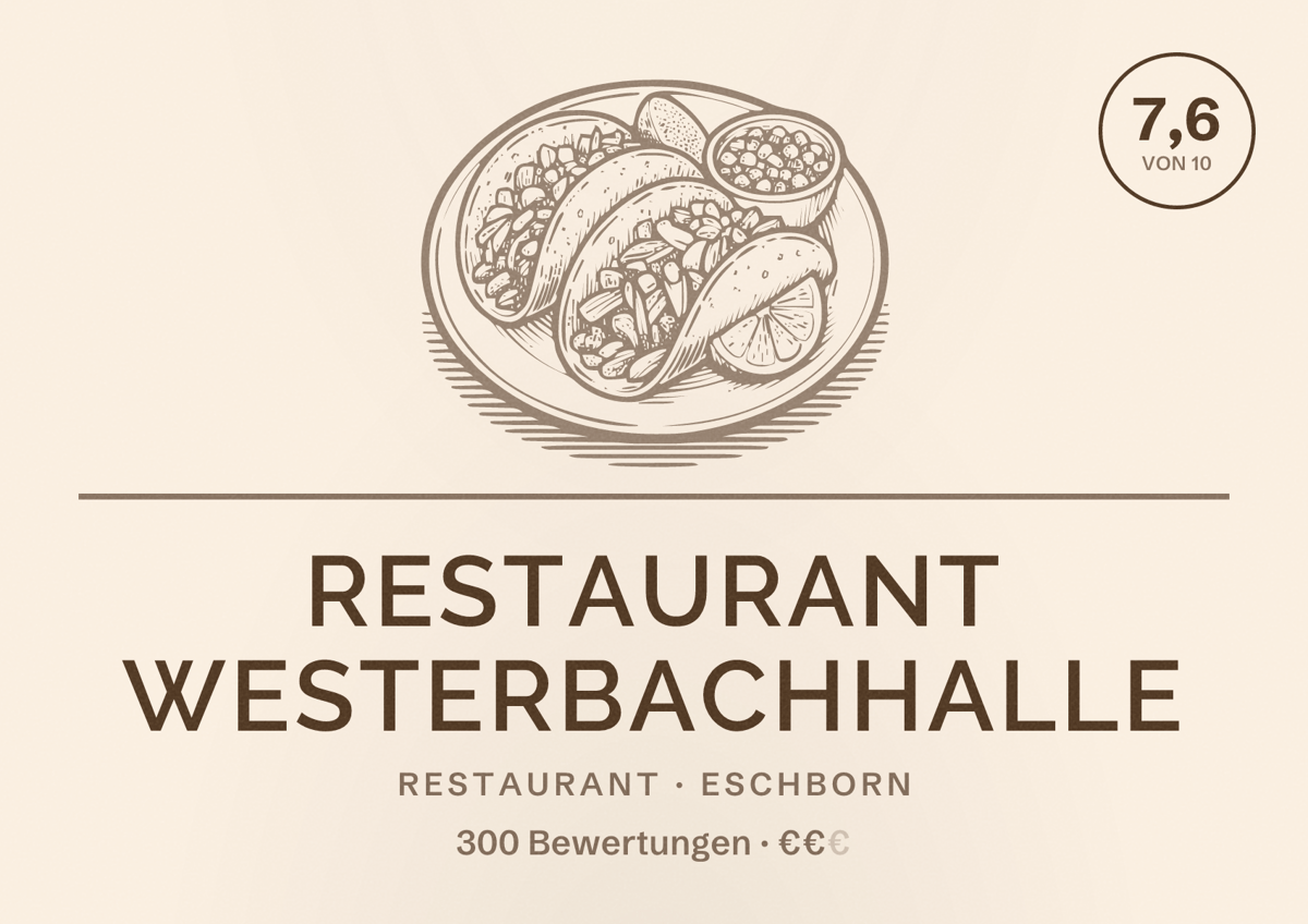 Illustriertes Poster von Restaurant Westerbachhalle, Restaurant in Eschborn: Bewertung 7,6 von 10 aus 300 Bewertungen, Preisniveau €€