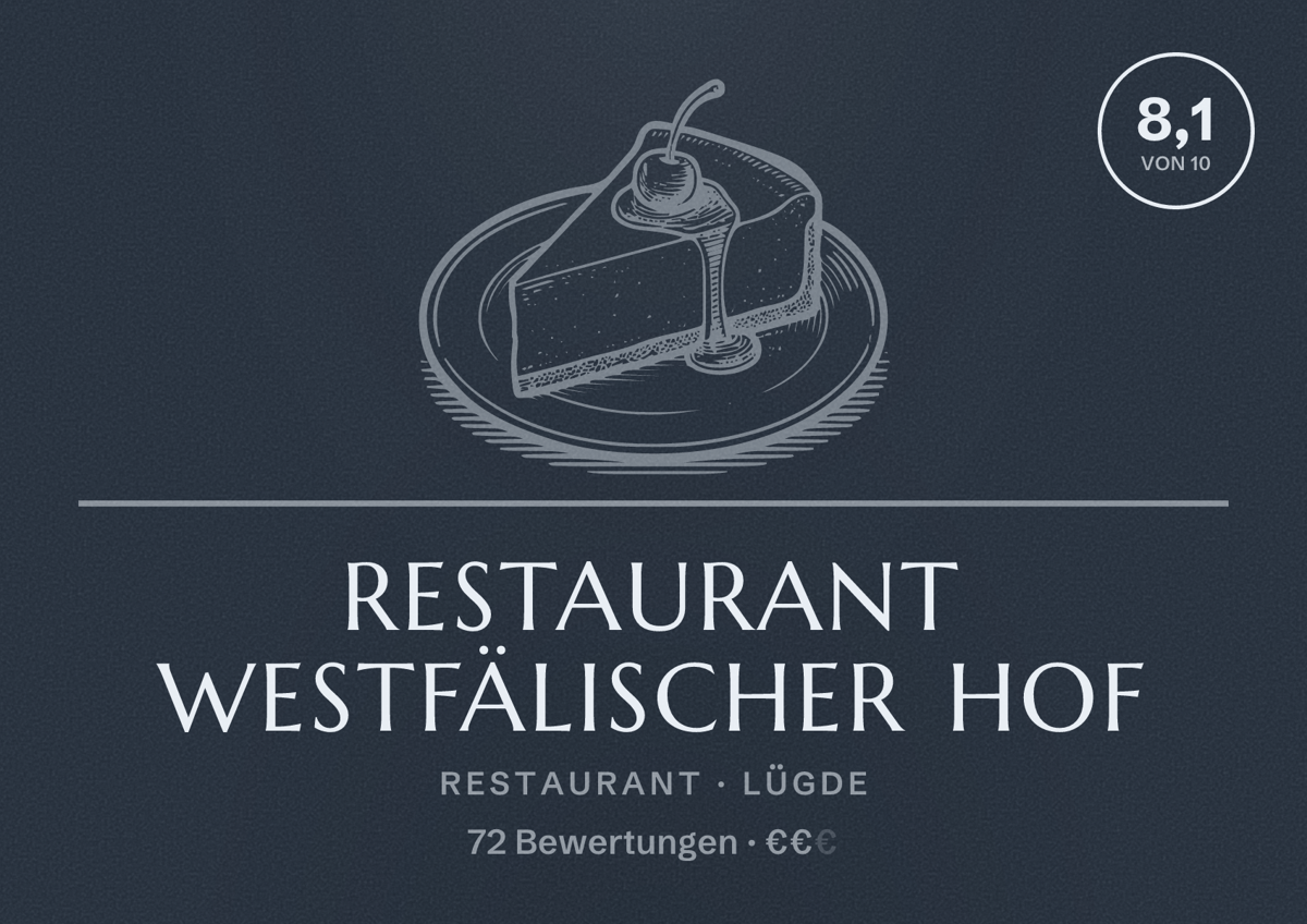 Illustriertes Poster von Restaurant Westfälischer Hof, Restaurant in Lügde: Bewertung 8,1 von 10 aus 72 Bewertungen, Preisniveau €€