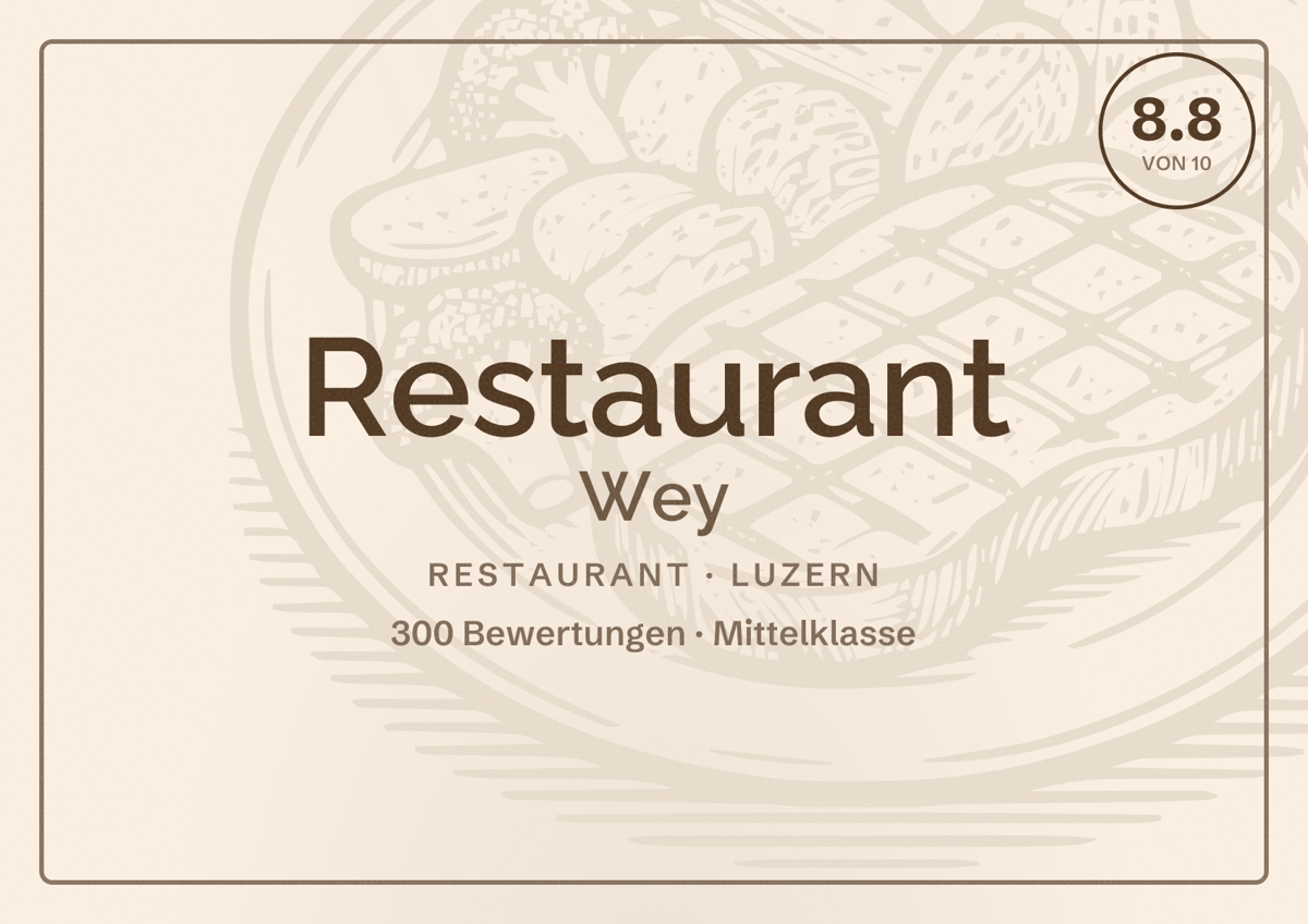Illustriertes Poster von Restaurant Wey, Restaurant in Luzern: Bewertung 8.8 von 10 aus 300 Bewertungen, Preisniveau Mittelklasse