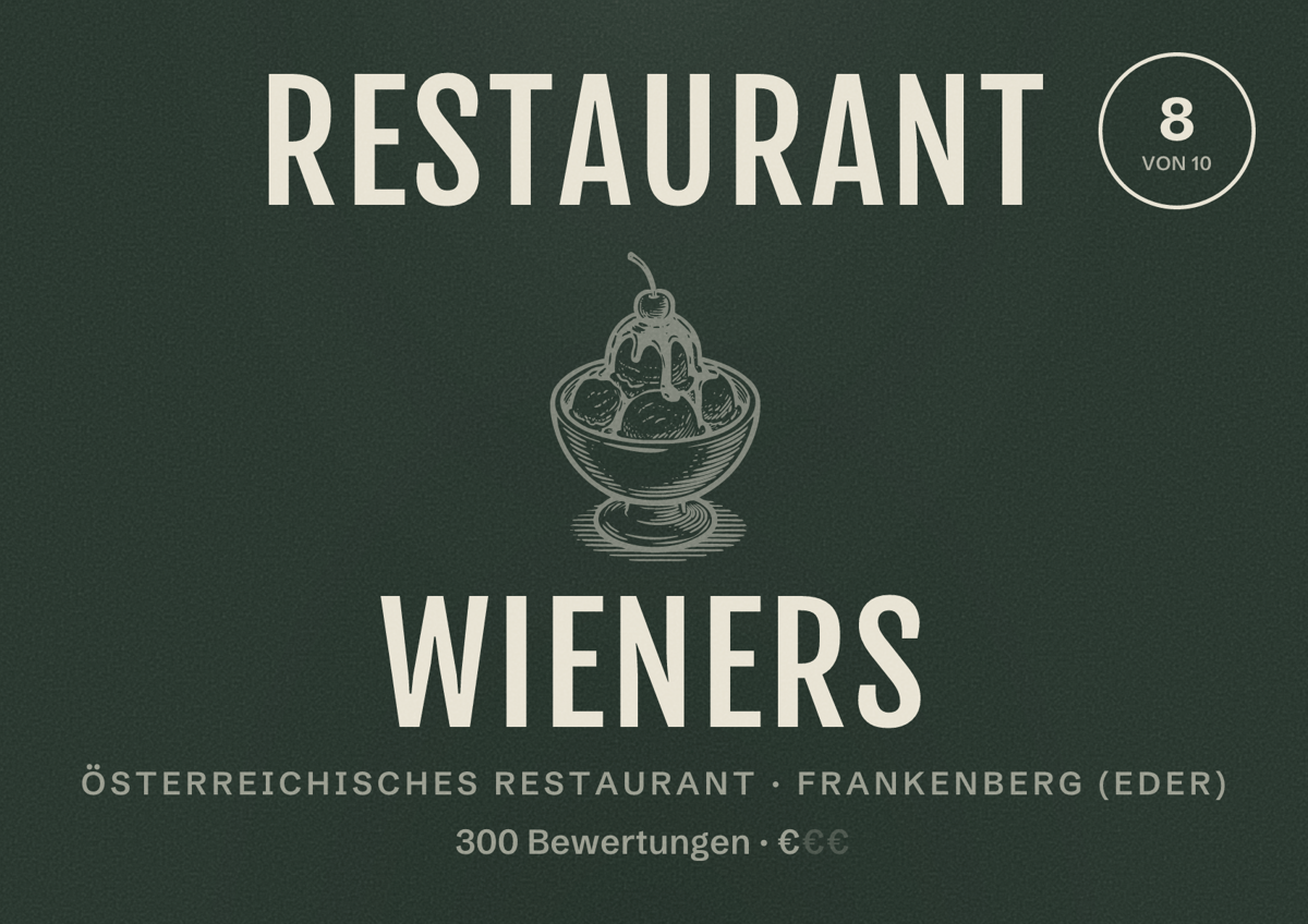 Illustriertes Poster von Restaurant Wieners, Österreichisches Restaurant in Frankenberg (Eder): Bewertung 8 von 10 aus 300 Bewertungen, Preisniveau €