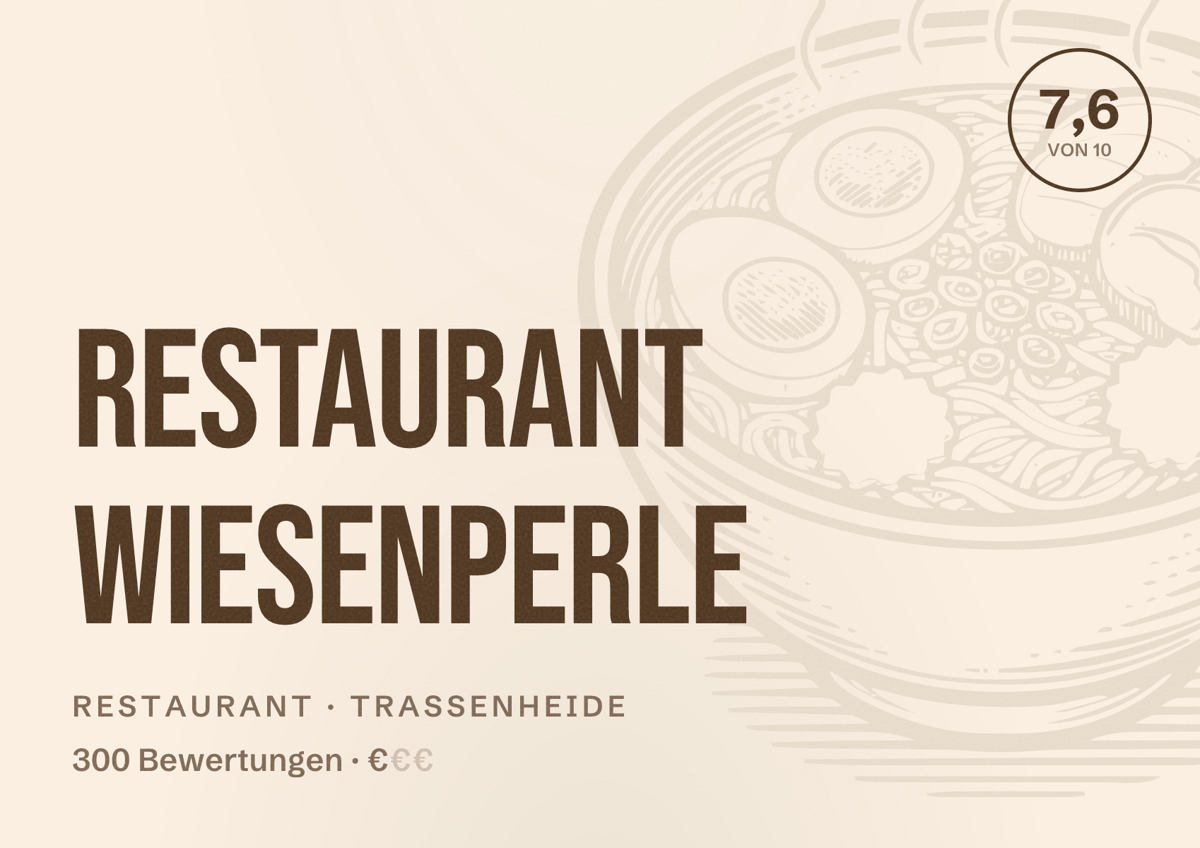 Illustriertes Poster von Restaurant Wiesenperle, Restaurant in Trassenheide: Bewertung 7,6 von 10 aus 300 Bewertungen, Preisniveau €