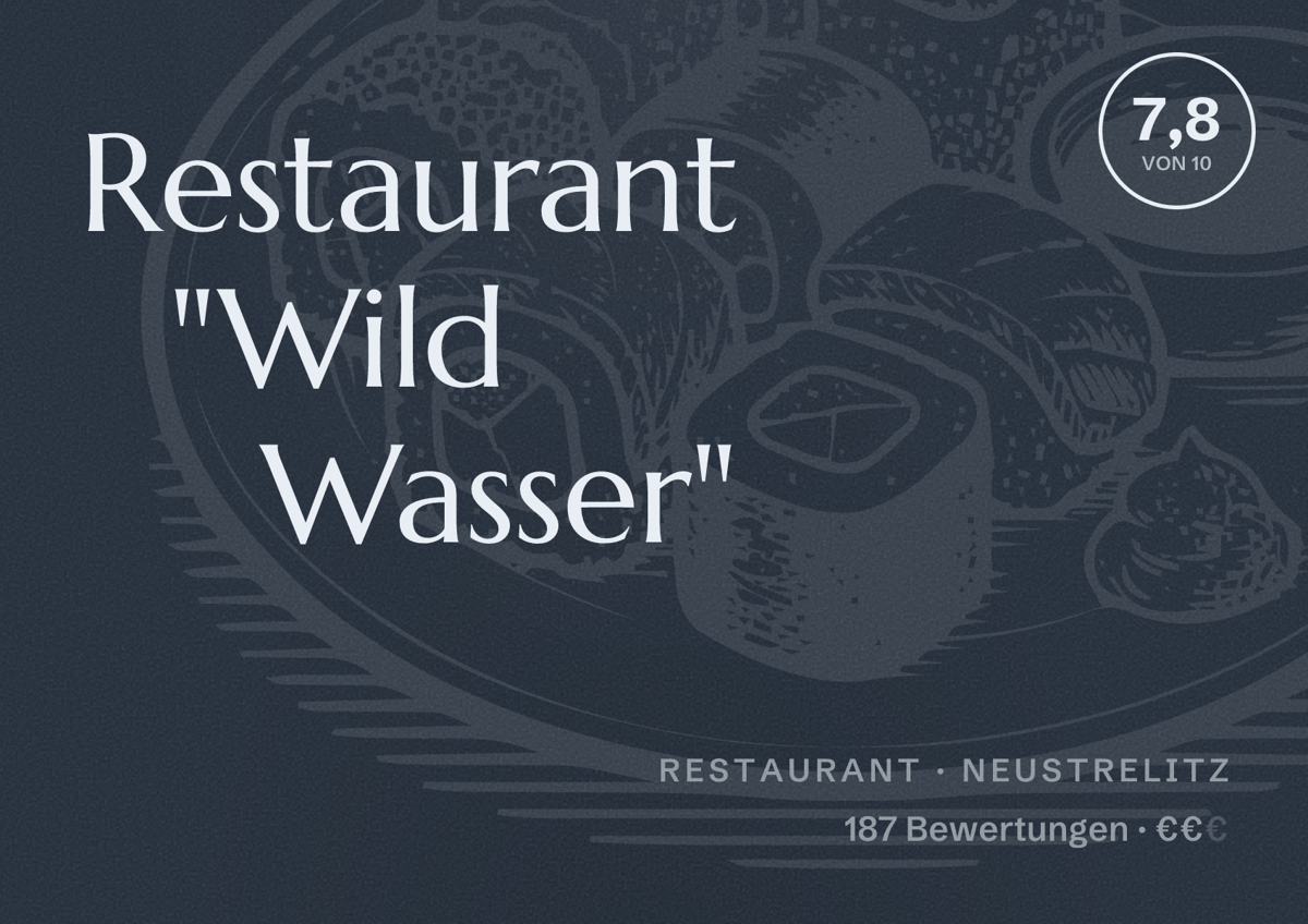 Illustriertes Poster von Restaurant "Wild Wasser", Restaurant in Neustrelitz: Bewertung 7,8 von 10 aus 187 Bewertungen, Preisniveau €€