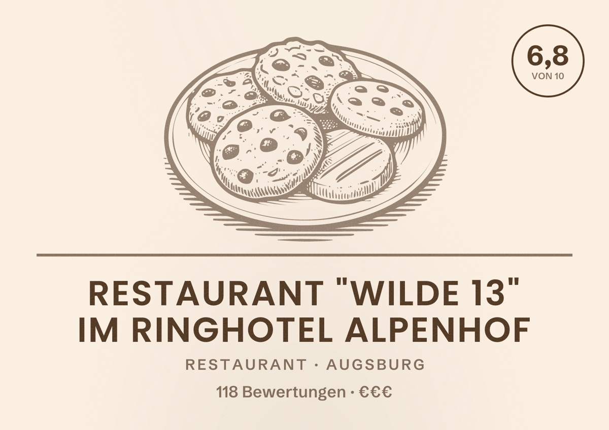 Illustriertes Poster von Restaurant "Wilde 13" im Ringhotel Alpenhof, Restaurant in Augsburg: Bewertung 6,8 von 10 aus 118 Bewertungen, Preisniveau €€€