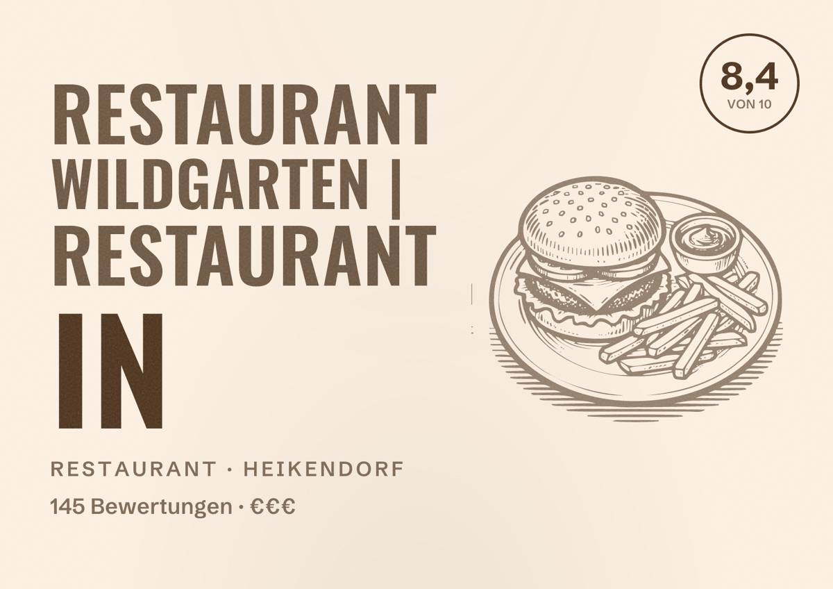 Illustriertes Poster von Restaurant Wildgarten | Restaurant in, Restaurant in Heikendorf: Bewertung 8,4 von 10 aus 145 Bewertungen, Preisniveau €€€