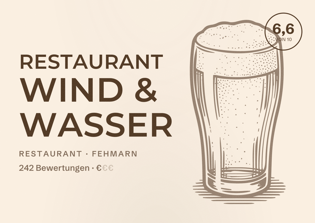 Illustriertes Poster von RESTAURANT Wind & Wasser, Restaurant in Fehmarn: Bewertung 6,6 von 10 aus 242 Bewertungen, Preisniveau €