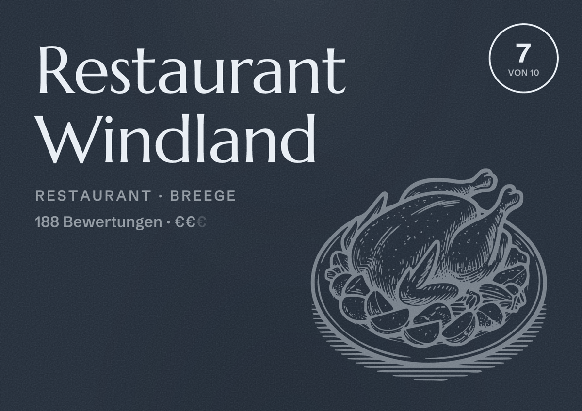 Illustriertes Poster von Restaurant Windland, Restaurant in Breege: Bewertung 7 von 10 aus 188 Bewertungen, Preisniveau €€