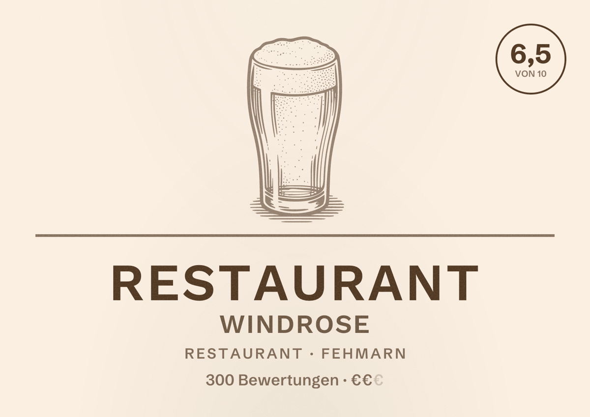 Illustriertes Poster von Restaurant Windrose, Restaurant in Fehmarn: Bewertung 6,5 von 10 aus 300 Bewertungen, Preisniveau €€