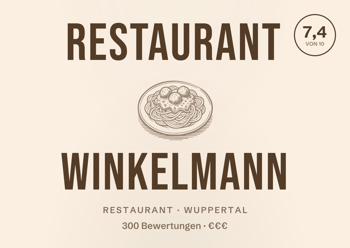 Illustriertes Poster von Restaurant Winkelmann, Restaurant in Wuppertal: Bewertung 7,4 von 10 aus 300 Bewertungen, Preisniveau €€€
