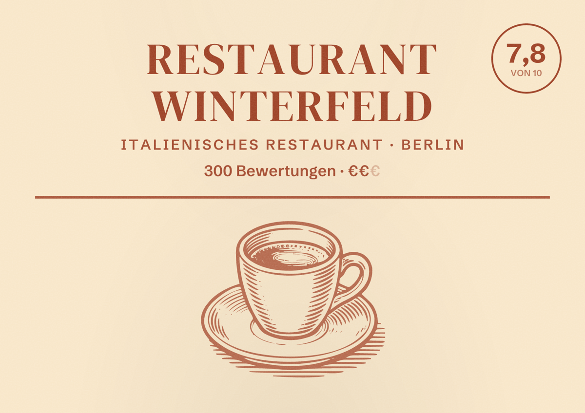 Illustriertes Poster von Restaurant Winterfeld, Italienisches Restaurant in Berlin: Bewertung 7,8 von 10 aus 300 Bewertungen, Preisniveau €€