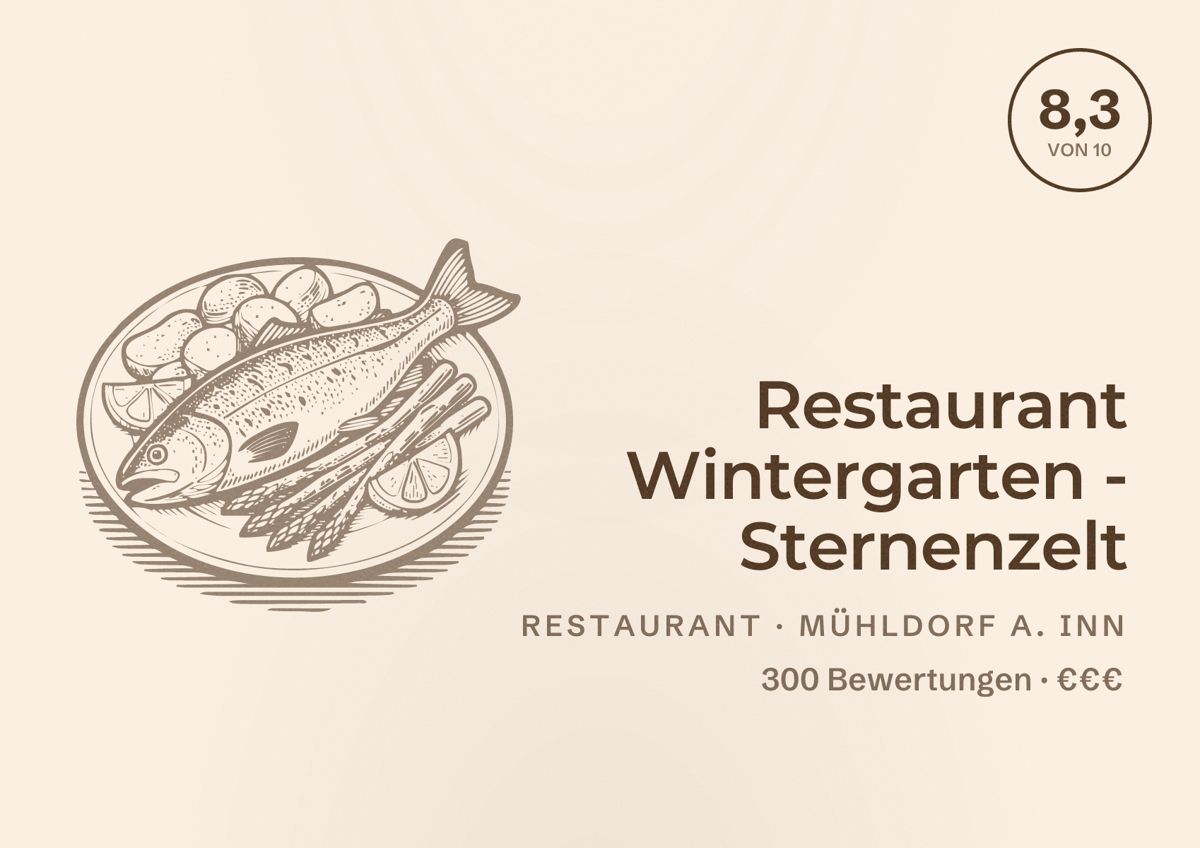 Illustriertes Poster von Restaurant Wintergarten - Sternenzelt, Restaurant in Mühldorf a. Inn: Bewertung 8,3 von 10 aus 300 Bewertungen, Preisniveau €€€