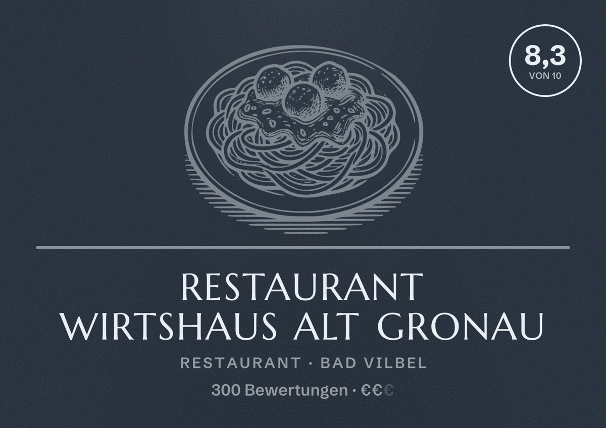 Illustriertes Poster von Restaurant Wirtshaus Alt Gronau, Restaurant in Bad Vilbel: Bewertung 8,3 von 10 aus 300 Bewertungen, Preisniveau €€