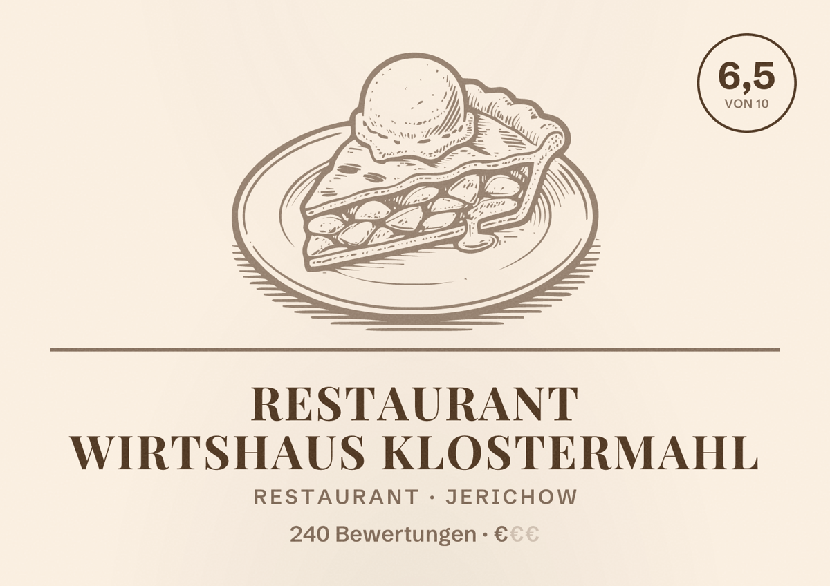 Illustriertes Poster von Restaurant Wirtshaus Klostermahl, Restaurant in Jerichow: Bewertung 6,5 von 10 aus 240 Bewertungen, Preisniveau €