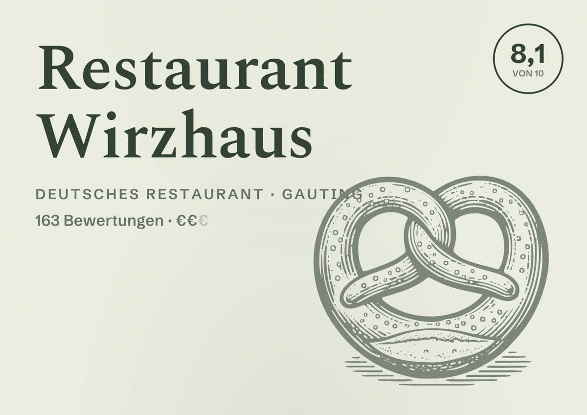 Illustriertes Poster von Restaurant Wirzhaus, Deutsches Restaurant in Gauting: Bewertung 8,1 von 10 aus 163 Bewertungen, Preisniveau €€